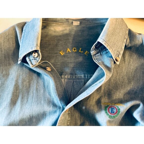 Men's EAGLE Cotton Long Sleeve Jean Button Down Shirt eagle Embroidery Size 15.5 - Picture 9 of 9